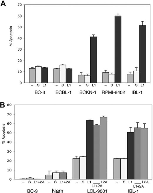 Figure 2. Suppression of endogenous LMP1 and LMP2A by siRNA results in apoptosis of EBV+ cells. (A) The cell lines indicated were transfected with a LMP1 siRNA (L1) or scrambled siRNA (s), or mock transfected (−), at days 0, 2, and 4, and assessment of apoptosis was performed by annexin V staining at day 6. Bars represent the average number of annexin V–positive cells (+ sem) of a representative experiment of 2 independent experiments for each cell line shown, where each transfection and analysis was performed in triplicate. (B) The indicated cell lines were transfected as in panel A, but in addition they were transfected with siRNA to LMP2A (L2) alone or in combination with siRNA to LMP1 (L1 + 2A) as indicated. Suppression of LMP2A was effective on its own in inducing apoptosis of the EBV+/type II/III cell lines tested, but did not enhance the effect seen with LMP1 suppression.