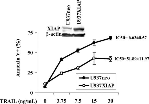 Figure 2. XIAP-overexpressing U937 cells (U937XIAP) are more resistant than the control cells (U937neo) to TRAIL-induced cell death. U937neo and U937XIAP cells were treated with TRAIL for 48 hours, and cell death was measured by annexin V/PI staining. Error bars represent SE.