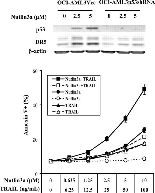 Figure 6. Sensitization to TRAIL-induced cell death and induction of DR5 expression by nutlin3a are significantly diminished in p53-knockdown cells. OCI-AML3vec and OCI-AML3p53shRNA cells were treated with TRAIL, nutlin3a, or both agents. p53 and DR5 protein levels were determined by Western blotting and cell death was determined by annexin V/PI staining at 24 hours. Solid lines with solid marks represent OCI-AML3vec cells, and dashed lines with open marks represent OCI-AML3p53shRNA cells. Error bars represent SE.