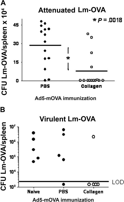 Figure 5. Mice immunized with Ad5-mOva delivered in collagen versus PBS have increased protection against Lm-OVA. (A) B6 mice were immunized subcutaneously on the flank with 106 pfu Ad5-mOva in PBS or 30 mg/mL collagen. Fourteen days later, mice were challenged intravenously with 105 actA− Lm-OVA, an attenuated strain. Twenty-four hours later, spleens were harvested and CFUs/spleen were measured as described in “Methods.” Data are from 3 experiments of 4 to 5 mice per group. Wilcoxon sign-rank 2-tailed P = .002. (B) Mice were treated as in panel A, but were challenged with virulent Lm-OVA. Splenic CFU was assessed 72 hours later. LOD indicates limit of detection.