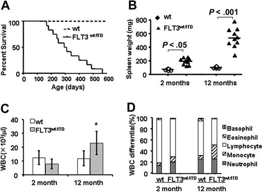 Figure 2. Myeloproliferative disease develops in mice with FLT3wt/ITD mutation. (A) Kaplan-Meier plot of survival of FLT3wt/ITD and wild-type control mice (n = 12). (B) FLT3wt/ITD mice manifested splenomegaly. Peripheral WBC count (C) and WBC differential (D) in 12-month-old FLT3wt/ITD and wild-type mice (n = 10) are shown. wt indicates wild-type. *P < .05. Data in panel C are expressed as means (bars) plus or minus SEM (error bars).