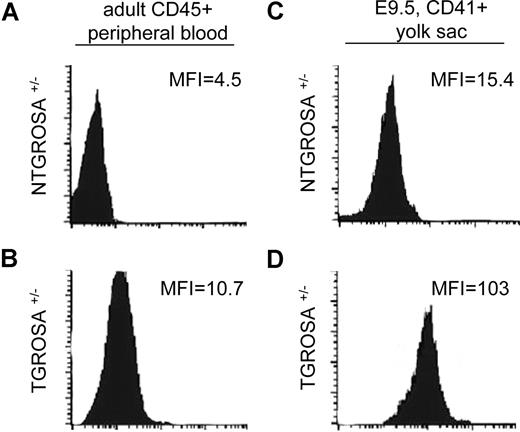 Figure 1. Expression profile of Vav1-driven Cre-mediated recombination. Flow cytometric analysis of recombination status of RosaGFP locus in CD41+ definitive hematopoietic progenitors from E9.5 yolk sac (right column) and CD45+ adult peripheral blood leukocytes (left column). As a negative control, a Vav1Cre nontransgenic (NTG) ROSA heterozygous mouse is presented in the top row. The mean fluorescence intensity (MFI) of the GFP channel is depicted in each panel. Data are representative of 3 independent specimens analyzed for each genotype (N = 3).