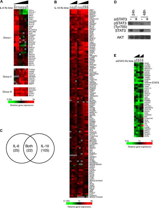 Figure 2. Identification of IL-10, IL-6, and STAT3 target genes in ABC DLBCL cells. (A) Gene-expression patterns of lymphoma cell line OCI-Ly10 treated with IL-6 for 0.5, 1, 3, 6, and 24 hours. Genes indicated with an asterisks are also IL-10 targets. (B) Gene-expression patterns of lymphoma cell line OCI-Ly3 treated with IL-10 for 1, 3, 6, 24, 48, and 96 hours. Genes marked with an asterisk are also IL-6 targets. (C) Comparison of the genes in response to IL-6 or IL-10 treatment. (D) Western blotting showing down-regulation of total STAT3 and phospho-STAT3 protein expression in OCI-Ly10 cell transfected with STAT3 siRNA. (E) Gene-expression patterns of lymphoma cell line OCI-Ly10 transient transfected with STAT3 siRNA pool for 8, 24, and 48 hours.