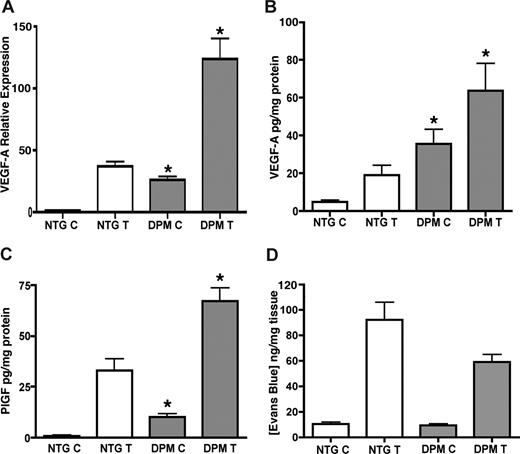 Figure 3. Increased VEGF-A and PlGF protein levels without microvascular leakage in transgenic mice. Real-time TaqMan RT-PCR analysis of VEGF-A expression from total RNA isolated from ears of K14-HIF-1αDPM transgenic mice (DPM) and nontransgenic controls (NTG), using histone 3.3A as a reference (A), at baseline “C” and after 6 hours of TPA treatment “T.” VEGF-A (B) and PlGF (C) ELISA assays reveal significantly higher protein expression in untreated and TPA treated transgenic ears compared with nontransgenic controls. Lack of differential microvascular leakage, evidenced by ear Evans blue dye content, in transgenic vs nontransgenic mice (D). Error bars represent mean plus or minus SEM of 4 to 6 mice analyzed per group (*P < .05, Student t test).