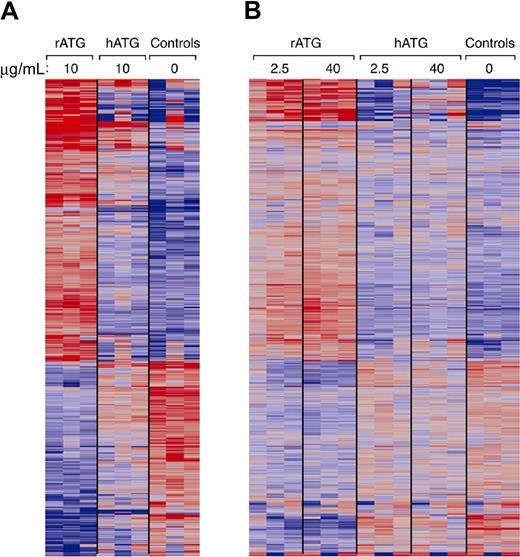 Figure 7. Gene expression of PBMCs treated with rATG or hATG. Differential expression in PBMCs relative to mean expression level for 852 probe sets having greater than 2-fold change in response to 10 μg/mL rATG compared with control and less than a 10% false discovery rate. Red and blue indicate up- or down-regulation, respectively. Probe sets ordered according to a hierarchical clustering. (A) Gene expression patterns from treatment with rATG or hATG at 10 μg/mL. (B) Dose-response of rATG or hATG. Expression patterns were derived from 3 healthy donors and generated using Affymetrix HG-U133A 2.0 oligonucleotide GeneChips.