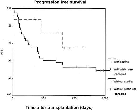 Figure 1. Kaplan-Meier estimates of progression-free survival after allogeneic stem cell transplantation in patients with acute myeloid leukemia.