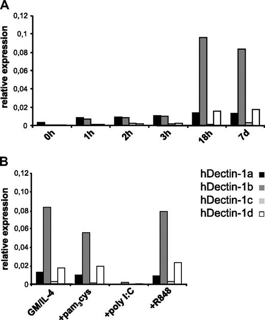 Figure 2. Quantitative analysis of hDectin-1 mRNA expression in different cell populations. The expression of hDectin-1 was analyzed in different in vitro–generated cell populations. Quantitative real-time RT-PCR was performed using primers discriminating the 4 isoforms hDectin-1a (■), hDectin-1b (), hDectin-1c (), and hDectin-1d (□). Expression is shown in peripheral blood monocytes differentiating into immature MDCs over a 7-day period without TLR agonist (A) and in MDCs that were matured with different TLR ligands (B). Shown are the relative expression levels in comparison with the endogenous control GAPDH. 7d or GM/IL-4 indicate immature MDCs on day 7. The data shown are representative of 3 independent experiments.