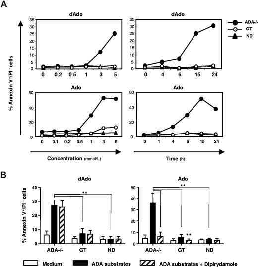 Figure 6. Dose- and time-dependent apoptosis induced in ADA-deficient T cells by ADA substrates. (A) Bulk T-cell lines were incubated with the indicated concentrations of purine metabolites and cultured for 15 hours (dAdo) or 6 hours (Ado). In time course experiments, T cells were incubated with dAdo (5 mM) or Ado (1 mM) for the indicated period. The percentages of early apoptotic cells (annexin V+/PI−) are shown for Pt3 (ADA−/− and GT) and one ND as representative experiment. (B) Bulk T-cell lines from 5 patients (ADA−/− and GT) and 6 NDs were cultured for 15 hours with dAdo (5 mM) or 6 hours with Ado (1 mM) in the absence or presence of the inhibitor of nucleoside transporter, dipyridamole (1 μM). The percentages of annexin V+/PI− cells as mean plus or minus SD are shown. Data are representative of at least 5 independent experiments (**P < .01).
