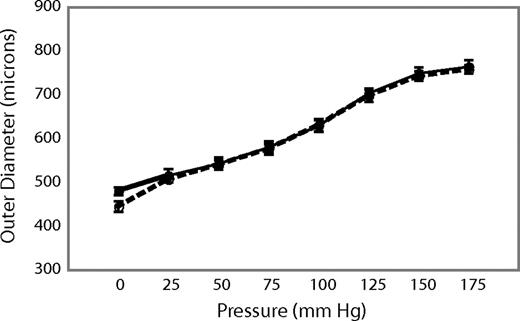 Figure 5. Outer diameter versus pressure for the right carotid artery in wild-type and MAGP−/− mice. Pressure-diameter curve showing that the carotid artery in wild-type (—) and MAGP−/− (----) animals has identical mechanical properties, identical diameters, and equal pressures.