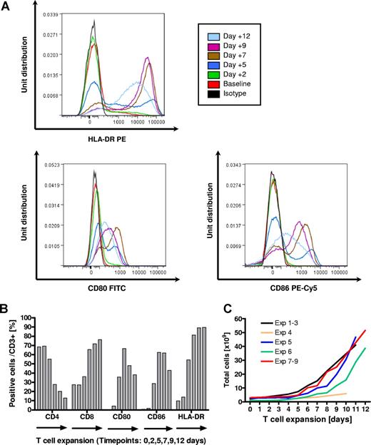 Figure 2. Generation of expanded T lymphocytes (T-APCs) as stimulator cells using anti-CD3 antibody (OKT3) and interleukin-2 (IL-2). (A) Overlay histograms of up-regulation of MHC class II and the costimulatory molecules CD80 and CD86 as determined by flow cytometry in gated CD3 cells for the stimulator used in Exp's VII-IX. (B) Fractions of positive cells for CD4, CD8, CD80, CD86, and HLA-DR in CD3+ T cells during the expansion process for the stimulator used in Exp's VII-IX. (C) Numeral expansion of T cells in all experiments performed.