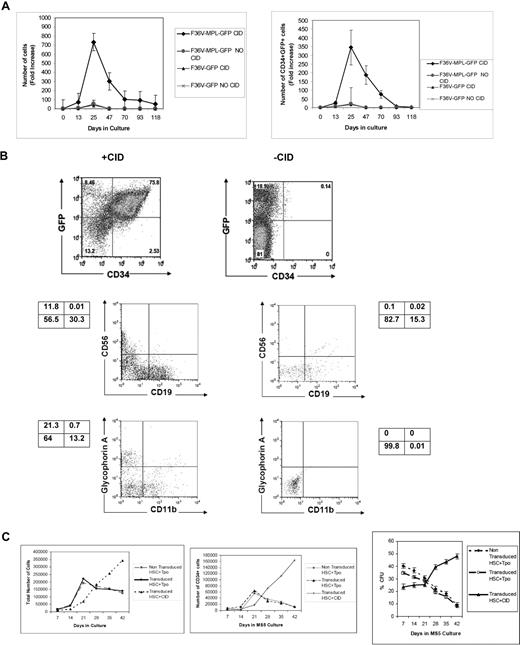 Figure 1. In vitro signaling through F36V-Mpl expands the number of transduced CD34+ cells and maintains multilineage potential. (A) Lymphomyeloid (CD34+CD38−Lin−CD7−) progenitors transduced with F36V-MPL-GFP or control (F36V-GFP) vector were cultured on MS5 stroma without growth factors with or without CID. Fold increase (mean, SEM) in total number and CD34+GFP+ cells relative to cells plated on day 0 (D0) is shown (n = 5 experiments, in triplicates); P = .002 and .023, respectively, for F36V-MPL-GFP–transduced cells with or without CID. (B) Immunophenotype of transduced CD34+CD38−Lin−CD7− cells cultured as in panel A, showing generation of CD34+GFP+ (day 25), lymphoid (day 35), and myeloerythroid (day 49) cells. (C) Total number of cells in culture (left panel), number of CD34+ cells in culture (middle panel), frequency of clonogenic cells (mean, SEM percentage of CFU-Cs; right panel), generated from transduced CD34+CD38−Lin−CD7− progenitors cultured with CID or Tpo, and control nontransduced CD34+CD38−Lin−CD7− progenitors cultured with Tpo (n = 3 independent experiments, each in triplicate).