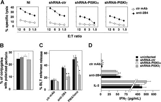 Figure 4. PI5KI isoform silencing impairs NK92 cell cytotoxic function but not IFN-γ release. (A) Uninfected (NI), shRNA-ctr, shRNA-PI5KIα, or shRNA-PI5KIγ populations were assessed in a 51Cr release assay against P815 target cells in the presence of anti-MHC class I (ctr) or anti-2B4 mAb. One representative experiment of 5 performed is shown. Differences between shRNA-PI5KIα or shRNA-PI5KIγ populations and NI or shRNA-ctr populations were significant in 5 independent experiments at all E:T ratios. (B) shRNA-ctr, shRNA-PI5KIα, or shRNA-PI5KIγ NK92 cells were stimulated by 2B4-induced redirected killing as in Figure 2 (top panels). Cell conjugates were fixed, stained with anti-perforin mAb, and analyzed by fluorescence microscopy. The percentage of NK92 cells conjugated with target cells containing polarized granules was calculated on randomly acquired fields of 3 independent experiments (mean ± SD, n = 100 conjugates). The difference obtained between the groups is not significant. (C) The same cell populations were stimulated with plastic-immobilized mAbs or PMA plus ionomycin as indicated. After 4 hours, cell supernatants were collected and assessed for BLT esterase release. Data represent the percentage (mean ± SD) of specific release (sample/total release) from 3 independent experiments. Differences between shRNA-PI5KIα or shRNA-PI5KIγ populations and NI or shRNA-ctr populations were significant (*P < .002). (D) The same cell populations were stimulated with plastic-immobilized anti-2B4 mAb or with rIL-2 (200 U/mL). After 18 hours, supernatants were collected and assessed for IFN-γ levels. Data are expressed as mean plus or minus SD from 3 independent experiments. The difference obtained between the groups is not significant.