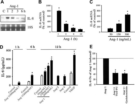 Figure 1. Ang-1 induces expression of IL-8 mRNA and protein. (A) A representative IL-8 Northern blot. HUVECs were serum starved for 12 hours and were then stimulated with Ang-1 (300 ng/mL) and collected 1, 2, 3, and 6 hours later. C indicates control samples, 18S refers to rRNA. (B) Means (± SEM; n = 3) of IL-8 mRNA intensity triggered by 300 ng/mL of Ang-1. (C) Means (± SEM; n = 3) of IL-8 mRNA intensity measured after 1 hour of Ang-1 addition. (D) Means (± SEM; n = 6) of IL-8 protein (detected with ELISA) in culture medium in response to Ang-1, Ang-2, and Ang-4 (300 ng/mL) and VEGF (80 ng/mL). (E) Means (± SEM; n = 6) of IL-8 protein measured after 12 hours of Ang-1 (100%) or Ang-1 plus rhTie2-FC protein (100× in excess of Ang-1) or Ang-1 plus cycloheximide (50 μg/mL, CHX). For panels C and D, *P < .05 compared with control values. For panel E, *P < .05 compared with Ang-1 alone.