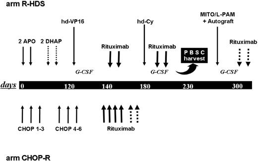 Figure 1. Treatment schemes for the 2 arms of the GITMO/IIL trial. Plain solid lines indicate drugs delivered to all patients with FL. Dotted lines show drugs delivered only in specific cases: DHAP in patients where there was a lack of CR after APO, and 2 additional rituximab in patients with PR or PCR positivity at the end of treatment. A single APO course consisted of doxorubicin (75 mg/m2) on days 1 and 22, vincristine (1.2 mg/m2) on days 1 and 15, and prednisone (50 mg/m2) on days 1 to 22. The DHAP course consisted of cisplatin (100 mg/m2) on day 1, Ara-C (4 g/m2) on day 2, and dexamethasone (40 mg) on days 1 to 4. hd-VP16 indicates high-dose etoposide; hd-Cy, high-dose cyclophosphamide; PBSC, peripheral blood stem cell collection; and MITO/L-PAM, mitoxantrone plus melphalan.