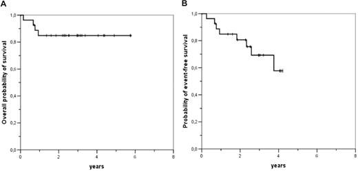 Figure 5. Outcome of patients undergoing salvage R-HDS after CHOP-R failure. (A) OS for salvage R-HDS patients. (B) EFS for salvage R-HDS patients.