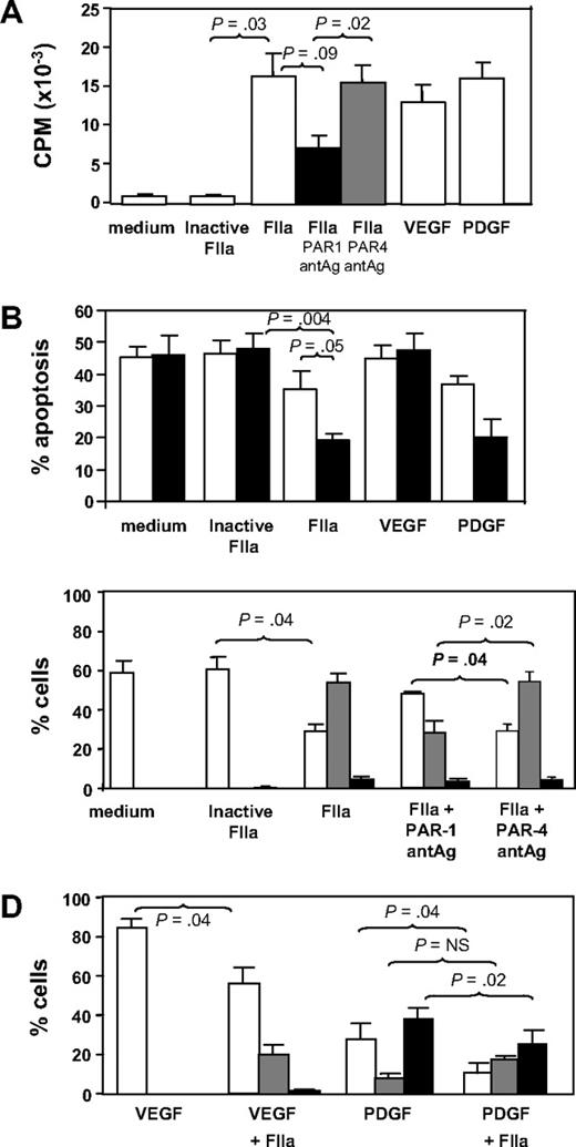 Figure 3. In vitro incubation with thrombin. (A) Proliferation, expressed as mean counts per minute (CPM) plus or minus SEM assessed by incorporation of 3H-thymidine by triplicates. CD34+ cells were isolated from WT mice 2 days after wire-induced injury and incubated for 5 days either in medium alone or in medium containing active site-inhibited thrombin (FIIa), FIIa, FIIa with PAR-1 antagonist (antAg), FIIa with PAR-4 antagonist, VEGF, or PDGF before a 16-hour incubation with 3H-thymidine. (B) Proportion of cells undergoing apoptosis after incubation in vitro for 1 (□) or 5 days (■). Phenotype was determined by annexin V staining and is expressed as a proportion of the cells remaining. CD34+ cells were isolated from WT mice 2 days after wire-induced injury and incubated for 5 days either in medium alone, or in medium containing inactive FIIa, FIIa, VEGF, or PDGF. (C) CD34+ cells were isolated from WT mice 2 days after wire-induced injury and incubated for 5 days either in medium alone, medium containing inactive thrombin, thrombin, or thrombin with a PAR-1 or PAR-4 antagonist. Graphs show the proportion of cells expressing CD31 alone (□), both CD31 and α-SMA (▩), or α-SMA alone (■). Phenotype was determined by immunocytochemistry of 3 random fields as in Figure 4 and is expressed as a proportion of the cells remaining. (D) As in panel C, except cells incubated with VEGF, VEGF plus thrombin, PDGF, or PDGF plus FIIa. All in vitro experiments were repeated at least twice. Data are presented as means plus or minus SEM.