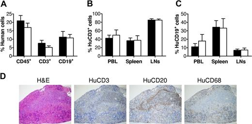 Figure 1. Human lymphohematopoietic cell reconstitution in human Thy/Liv/CD34+ FLC-grafted NOD/SCID mice. (A) Levels of total human lymphohematopoietic (CD45+) cells, CD3+ T cells, and CD19+ B cells in PBMCs were analyzed by flow cytometry at week 9 after human tissue/cell transplantation. ■ and □ represent hu-mice that were subsequently used for immunization with DNP23-KLH (n = 7) or adjuvant alone (ie, PBS controls; n = 5), respectively. (B,C) Levels of human CD3+ cells (B) and human CD19+ cells (C) in PBMCs, spleen, and LNs of DNP23-KLH–immunized (n = 7) and PBS-injected control (n = 5) hu-mice were analyzed by flow cytometry at time of death (ie, week 2 or week 4 after booster immunization). Error bars represent SEM. (D) White pulp formation in hu-mouse spleen. Shown are sections prepared from a representative hu-mouse spleen stained with hematoxyin and eosin, anti-human CD3, CD20, and CD68.