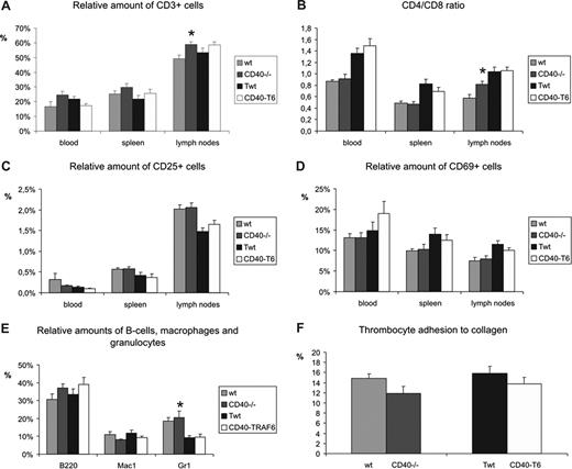 Figure 5. FACS analysis and thrombus formation in wild-type versus CD40−/− and CD40-Twt vs CD40-T6 mice. Relative amount of CD3+ T cells (A), CD4/CD8 ratio (B), and relative amounts of activated T cells (C and D showing CD25+ and CD69+ T cells, respectively) were assessed in blood, spleen and lymph nodes. Furthermore, relative amounts of circulating B cells, macrophages, and granulocytes were determined (E). Thrombocyte adhesion to collagen was measured under flow conditions. Data are percentages of surface covered with platelets after 4 minutes of perfusion (F). *P < .05 compared with wild-type. Error bars represent SEM.