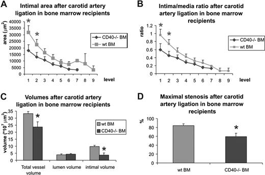 Figure 6. Neointima formation and carotid artery remodeling in wild-type mice reconstituted with wild-type bone marrow (wt BM) or CD40−/− BM. Neointima area and intima-media/ratio was measured at individual levels (100-μm intervals) throughout the ligated artery segments (A and B) and neointimal volume, lumen volume, and total vessel volume were calculated (C), as well as maximal stenosis rate (D). *P < .05 compared with wild-type mice reconstituted with wild-type BM. Neointima formation and stenosis rate was significantly reduced in mice reconstituted with CD40−/− BM. Error bars represent SEM.