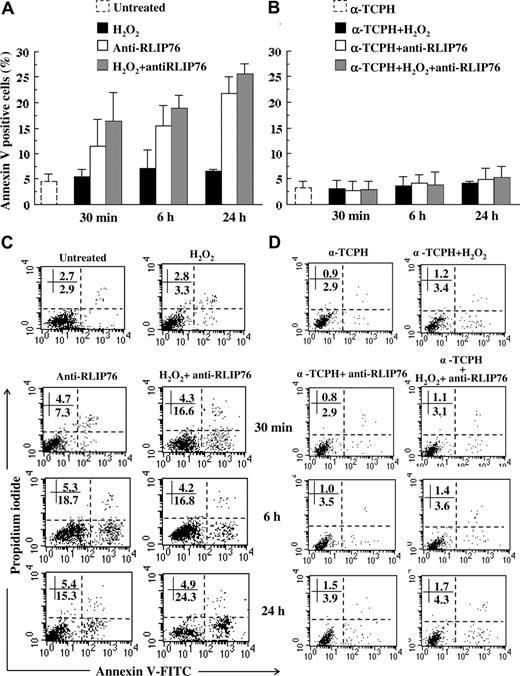 Figure 5. Induction of apoptosis by anti-RLIP76 C-ter antibodies in EAhy926 endothelial cells.(A,C) Flow cytometric analysis after double staining with annexin V/propidium iodide of untreated control cells; cells incubated for 30 minutes, 6 hours, and 24 hours with anti-RLIP76 C-ter antibodies; and in cells treated with H2O2 and then incubated additional 30 minutes, 6 hours, and 24 hours in fresh medium or with medium containing anti-RLIP76 C-ter antibodies. (B,D) Cells were also pretreated with α-TCPH. (A,B) Results obtained from 3 independent experiments are reported as mean plus or minus SD. (C,D) Dot plots from a representative experiment. Numbers represent the percentage of annexin V single positive (early apoptosis, bottom right quadrant) or annexin V/PI double positive cells (late apoptosis, bottom right quadrant). Statistical analysis performed by Student t test indicated P < .01 for: control untreated cells versus H2O2-treated cells; control untreated cells versus cells incubated for 30 minutes, 6 hours, and 24 hours with anti-RLIP76 C-ter antibodies; and cells treated with H2O2 and then incubated in fresh medium versus cells treated with H2O2 and then incubated for 6 hours and 24 hours with medium containing anti-RLIP76 C-ter antibodies. P < .01 for any treatment (panel A) versus the same treatment performed after α-TCPH preincubation (panel B).