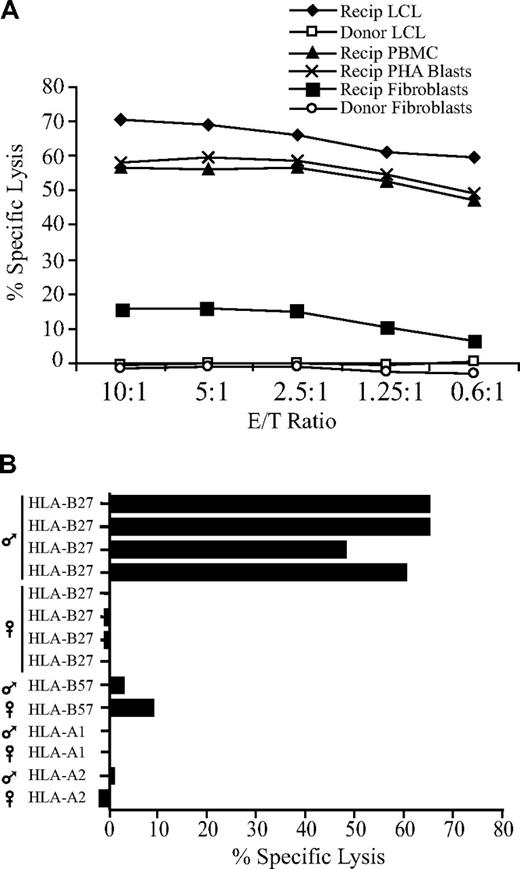 Figure 1. CTL 68H7–819 recognizes a male-specific minor histocompatibility (H-Y) antigen presented by HLA-B*2705. (A) 51Cr release assay at the indicated effector-target (E/T) ratios showing cytolytic activity of CTL 68H7-819 against donor- and recipient-derived EBV-LCLs, recipient-derived unfractionated PBMCs and PHA-stimulated T-cell blasts, and donor- and recipient-derived dermal fibroblasts. (B) 51Cr release assay at E/T 5:1 showing cytolytic activity of CTL 68H7-819 against a panel of EBV-LCLs derived from unrelated male and female individuals who shared a single MHC class I allele with the donor-recipient pair from which CTL 68H7-819 was isolated. The shared MHC class I allele and sex of the individual is indicated.