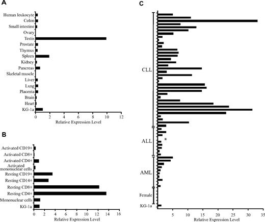 Figure 3. DDX3Y is transcribed outside the testis and is universally expressed in myeloid and lymphoid leukemia cells that carry a Y chromosome. Relative expression of DDX3Y in a panel of normal human tissues (A), normal blood cell fractions (B), and primary male ALL, CLL, and AML samples (C). Quantitative real-time PCR using SYBR green was carried out as described in “Methods.” Analysis of GAPDH expression was used to standardize samples for RNA quality and quantity, and the relative DDX3Y expression in the KG-1a AML cell line was arbitrarily defined as 1. The asterisk in panel C indicates a primary male ALL sample that had clonal loss of the Y chromosome by cytogenetic analysis and no detectable DDX3Y transcript. Five of 14 female samples are shown, all of which were negative.