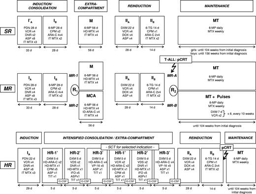 Figure 1. Treatment outline ALL-BFM 95. Details of treatment elements are listed in Table 1. Results of the randomization R2 and data on stem cell transplantation have been published before.24–26 Dose of presymptomatic cranial radiotherapy was 12 Gy for patients aged 1 year or older. Therapeutic irradiation dose for patients with initial involvement of the central nervous system was 12 Gy for patients 1 to 2 years and 18 Gy for patients more than 2 years of age. Infants younger than 1 year were neither preventively nor therapeutically irradiated. SR indicates standard risk; MR, medium risk; HR, high risk; PDN, prednisone; VCR, vincristine; DNR, daunorubicin; ASP, E coli L-asparaginase; MTX, methotrexate; 6-MP, 6-mercaptopurine; ARA-C, cytarabine; CPM, cyclophosphamide; DXM, dexamethasone; DOX, doxorubicin; 6-TG, 6-thioguanine; HD, high dose; ID, intermediate dose; IT, intrathecal; TIT, triple intrathecal therapy; G-CSF, granulocyte colony-stimulating factor; MT, maintenance therapy; SCT, stem cell transplantation; pCRT, presymptomatic cranial radiotherapy.