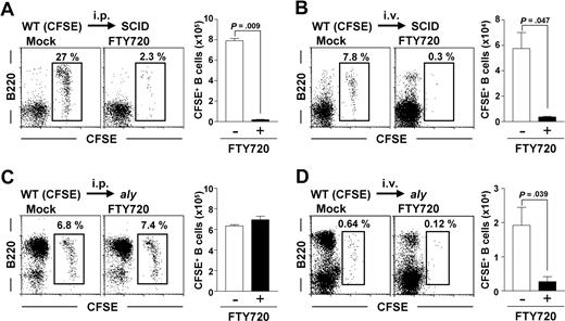 Figure 4. NIK-mediated signaling in non-B cells controls S1P-mediated peritoneal B-cell emigration of peritoneal B cells, but not their immigration. (A,B) Peritoneal B cells were isolated from WT mice, labeled with CFSE, and adoptively transferred via the intraperitoneal (i.p.) (A) or intravenous (i.v.) (B) routes into SCID mice. (C,D) Similarly, CFSE-labeled peritoneal WT B cells were transferred into aly mice from which peritoneal cells were removed 8 hours before transfer. The reconstituted mice were treated simultaneously with (right panels) or without (left panels) FTY720. After 12 hours, cells were isolated from the peritoneal cavity for the analysis of CFSE+ B220+ cells. Flow cytometric data are representative of 3 independent experiments and are presented as means plus or minus SEM (n = 3).