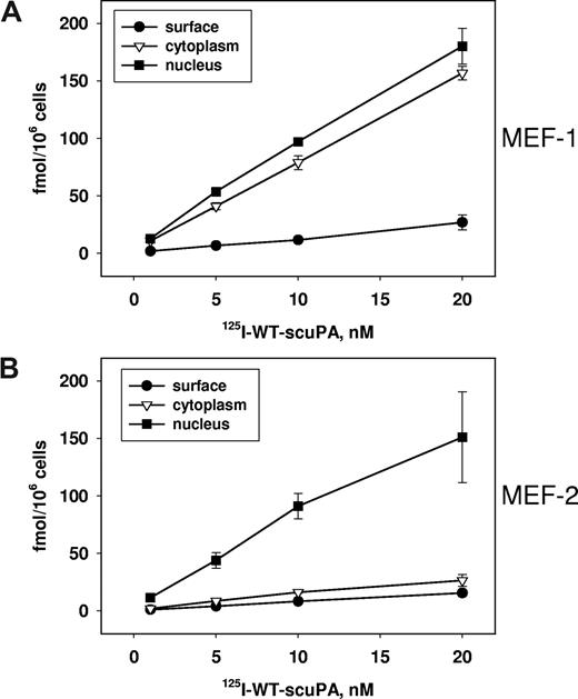 Figure 4. Requirement for LRP in the nuclear translocation of urokinase. (A,B) Subcellular distribution of 125I-WT-scuPA in MEF-1 (LRP+/+) and MEF-2 (LRP−/−) cells. (A) MEF-1 and (B) MEF-2 cells were incubated with 125I-WT-scuPA at the indicated concentrations for 1 hour. Subcellular fractions were prepared and analyzed as described in the legend to Figure 2.