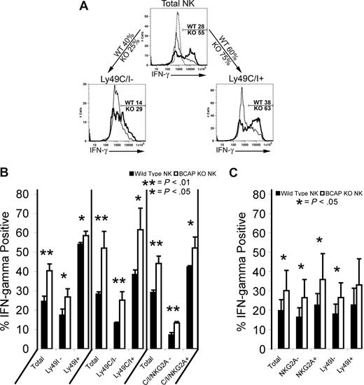 Figure 7. IFN-γ production by NK cells from the spleens of WT and BCAP−/− mice as a function of SRIR expression. (A) Fresh splenocytes from C57BL/6 background mice were incubated alone or with plate-bound anti-NK1.1, 500 U/mL IL-2, and 10 ng/mL IL-12; 10 μg/mL brefeldin A was added 1 hour later, and the cells were cultured 4 more hours. Cells were surface stained, then fixed, permeabilized, and stained for intracellular IFN-γ. The thicker line represents BCAP−/− mice, and the dashed line represents unstimulated control. Percentages of IFN-γ+ cells in WT and BCAP−/− NK cells are listed on gates. Percentages on arrows are the percentage of NK cells on each mouse that are either negative for both Ly49C and Ly49I (left arrow) or express at least one of these SRIRs (right arrow). (B) Mean IFN-γ responses in NK-cell subsets from 3 C57BL/6 background mice analyzed, as described in panel A. The mean percentages plus or minus SD of IFN-γ+ wild-type (■) and BCAP−/− NK cells (□) are shown. P values were calculated by applying a 2-tailed Student t test (*, **). (C) Mean IFN-γ responses of 7 pairs of MHC-I–deficient mice as described in panel A. The mean percentages plus or minus SD of IFN-γ+ wild-type (■) and BCAP−/− NK cells (□) within indicated subsets (NKG2A of Ly49I expression) are shown (*).