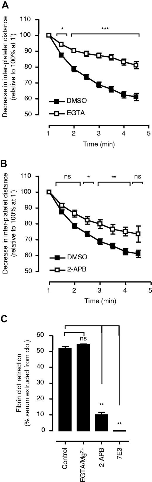 Figure 3. Role of calcium in regulating thrombus contraction. Lepirudin-anticoagulated human whole blood, spiked with DiIC12-labeled platelets, was perfused through collagen-coated microslides at 1800 s−1. The decrease in distance between firmly adherent platelets was quantified as described in “Two-dimensional quantification of thrombus consolidation” and used as an indirect marker of thrombus contraction. (A) Whole blood was perfused in the presence of EGTA/Mg2+ (2 mM/1 mM). (B) For studies with 2-APB, whole blood was initially perfused for 30 seconds without inhibitor to allow for the initial formation of noncontracted thrombi (refer to “Two-dimensional quantification of thrombus consolidation”), followed by perfusion of whole blood in the presence of 2-APB (200 μM). (A,B) Results represent the mean plus or minus SEM (n = 5; *P < .05; **P < .005; ***P < .001). (C) To examine the importance of calcium flux for fibrin clot retraction, PRP was preincubated with 2-APB (200 μM), c7E3 (50 μg/mL), or EGTA/Mg2+ (2 mM/1 mM), followed by addition of thrombin (1 U/mL). Clot retraction was assessed as described under “Platelet-mediated fibrin clot retraction.” Results represent the mean plus or minus SEM (n = 3; ns = P > .05; **P < .005).