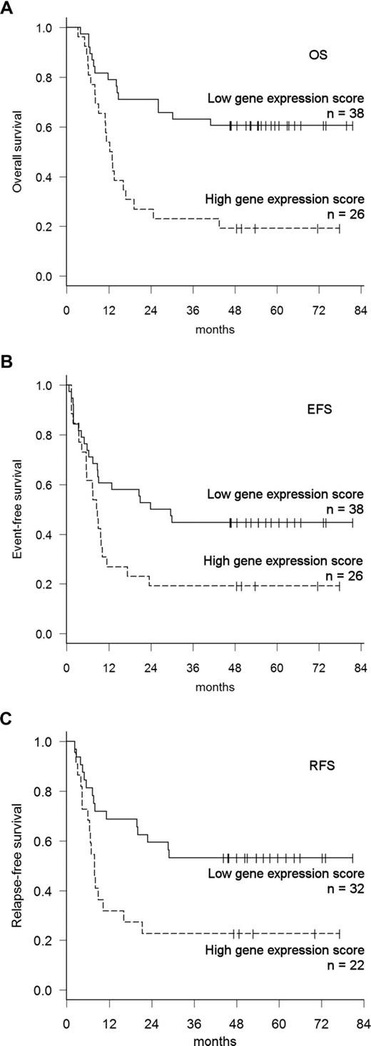 Figure 3. Outcome prediction in the independent validation cohort. The gene-expression risk score was calculated using the same probe set weights as in the original training and test cohorts, and the cutoff value defined in the training cohort was used for dichotomization. (A) OS and (B) EFS for the entire cohort of 64 patients. (C) RFS for the 54 patients who reached CR.