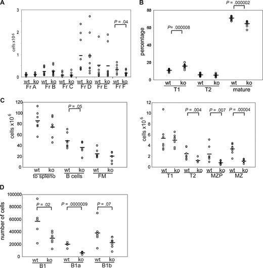 Figure 2. The WASp-deficient B-cell phenotype is B cell–intrinsic. BM from WT or WASp−/− mice was transplanted into sublethally irradiated μMT mice. Recipient mice were killed 6 weeks after transplantation, and B-cell subsets in BM, spleen, and peritoneal cavity were analyzed. Shown are absolute numbers for (A) BM (n = 9 recipient mice), (C) spleen (n = 7), and (D) peritoneal cavity (n = 7) and the relative percentage of subsets in (B) peripheral blood (n = 12).