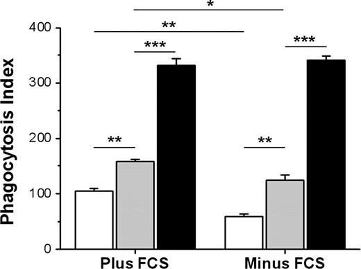 Figure 5. Gene-dose effect of CD47 on inhibition of FcγR-mediated phagocytosis of Ox-RBCs. Ox-RBCs from WT (□), CD47+/− (), or CD47−/− (■) mice were opsonized with mAb 34-3C, washed, and incubated with RPM in the presence or absence of 10% FCS for 30 minutes at 37°C. Following lysis of uningested RBCs, phagocytosis was determined as described in the legend to Figure 1. Equal opsonization was confirmed following labeling of opsonized RBCs with anti–mouse IgG FITC, using flow cytometry, showing the following mean fluorescence intensity (MFI) values: WT Ox-RBCs = 135.1, CD47+/− Ox-RBCs = 134.0, and CD47−/− Ox-RBCs = 134.4. Data are mean plus or minus SEM for 4 separate coverslips per group in one representative experiment. *P < .05; **P < .01; and ***P < .001, using the Student t test for paired comparisons. ns indicates not significant.