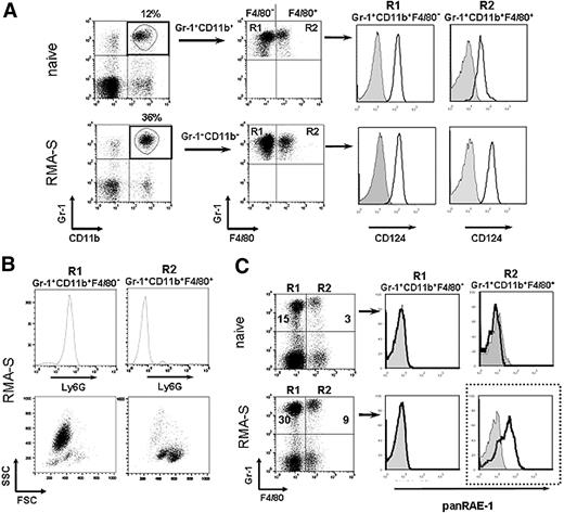 Figure 1. Gr-1+CD11b+F4/80+ cells from RMA-S tumor-bearing mice express RAE-1 and suppress T cell proliferation. (A) Peripheral blood leukocytes (PBLs) of naive and tumor-bearing mice isolated on day 21 after tumor cell inoculation were stained with mAbs specific for Gr-1 and CD11b in combination with mAbs directed against F4/80 and CD124 (IL-4Rα). Plots are gated on Gr-1+CD11b+ cells. Histograms were further gated on Gr-1+CD11b+F4/80− (R1) or Gr-1+CD11b+F4/80+ (R2) cells to analyze the expression of CD124 (solid lines) compared with the respective isotype-matched control Ig (gray filled histograms). Flow cytometric analysis of PBLs of one representative of 5 animals per group is shown. (B) PBLs from tumor-bearing mice were gated on Gr-1+CD11b+F4/80− (R1) or Gr-1+CD11b+F4/80+ (R2) as described above and analyzed for the expression of Ly6G. Gated cells are also depicted in a forward and side scatter plot. (C) PBLs from naive and tumor-bearing mice (day 21) were stained with mAbs specific for Gr-1 and F4/80 in combination with a mAb directed against panRAE-1 (solid lines) or the respective isotype-matched Ig controls (gray filled histograms). Histograms are gated on Gr-1+F4/80− (R1) or Gr-1+F4/80+ (R2). For R1 and R2, percentages among all PBLs are indicated in the plots. (A-C) One representative experiment of at least 3 independent experiments is shown.