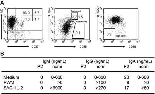 Figure 5. Phenotypic and functional B-cell analysis. (A) Analysis of the phenotype of the patient's B cells. The dot plots are gated on CD19+ lymphocytes. (B) Determination of IgM, IgG, and IgA concentrations in the supernatant after in vitro stimulation of PBMCs with medium, PWM, or SAC plus IL-2.