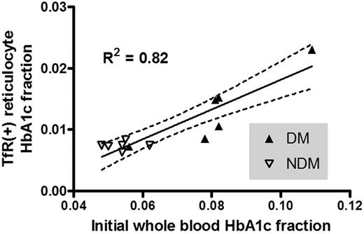 Figure 1. Scatter plot of TfR(+) reticulocyte HbA1c fraction and whole blood HbA1c fraction. There was a strong correlation of TfR(+) reticulocyte HbA1c fraction to whole blood HbA1c fraction obtained on the day of biotin labeling. (—) represents regression line; (), 95% confidence intervals.