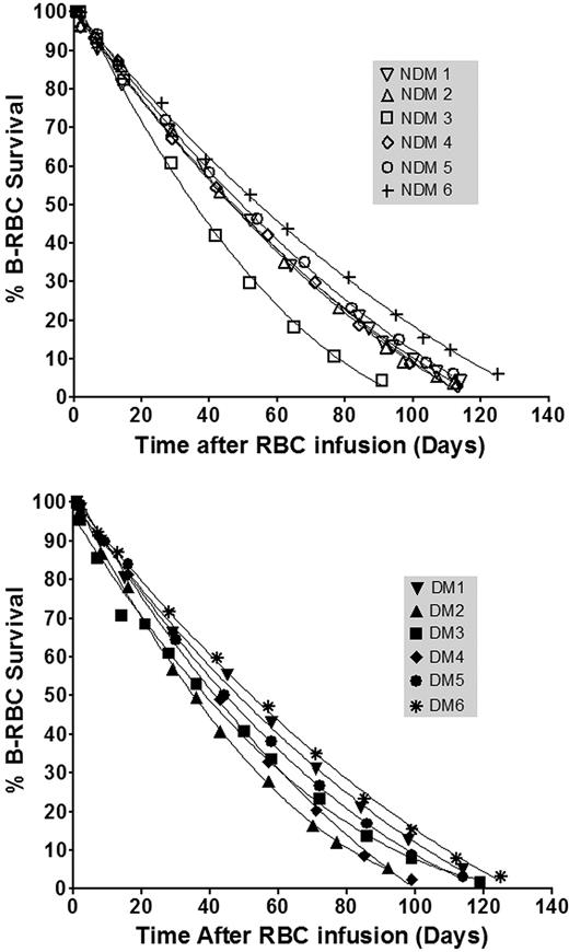 Figure 3. RBC disappearance in NDM and DM subjects. (Top) NDM subjects; (bottom) DM subjects. Because RBC disappearance curves were nonlinear, determination of RBC life span as the x-intercept is not the most meaningful approach to summarizing the exposure of the RBCs to plasma glucose. Mean cell age was therefore used, computed from the survival curves, fitted to cubic equations (“Analysis of RBC life span”).