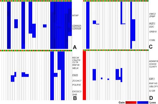 Figure 2. Somatic copy number alternations of CDKN2A/B, PAX5, IKZF1, and EBF1. Copy number heatmaps at 9p21.3 (A), 9p13.2 (B), 7p12.2 (C), and 5q33.3 (D) are shown by patient (orange indicates diagnosis; green, relapse; from left to right: patients 1 to 20).