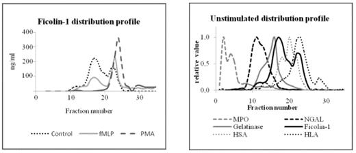 Figure. Left: Distribution profile of ficolin-1 in unstimulated (control) neutrophils and neutrophils stimulated with fMLP or PMA. Right: Distribution profile of ficolin-1 and granule marker proteins in subcellular fractions of unstimulated human neutrophils.