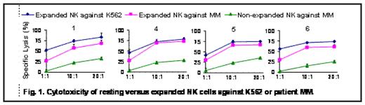 Fig. 1. Cytotoxicity of resting versus expanded N K cells against K562 or patient MM.