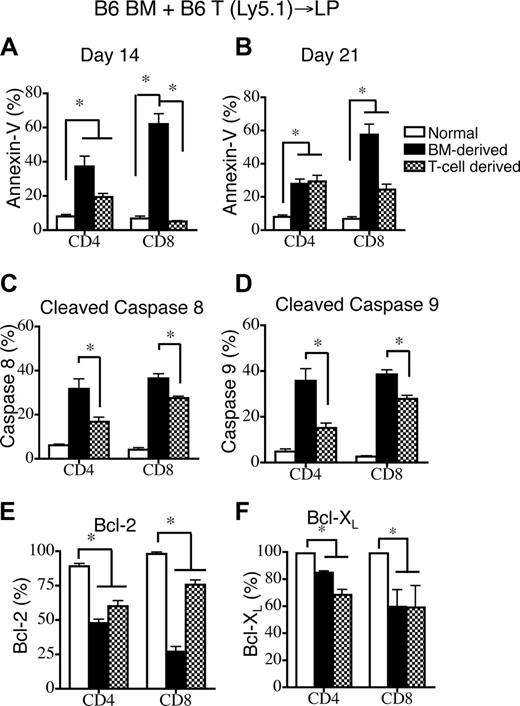 Figure 2. GVHD exacerbates donor BM-derived peripheral T-cell apoptosis in recipients of allogeneic T cell–replete BMT. Lethally irradiated (1100 cGy) LP mice were transplanted with 5 × 106 TCD B6 Ly5.2+ BM and 0.5 × 106 B6 Ly5.1+ T cells. Values represent mean (± SEM). n = 5-10 mice per group, combined from 2 or more independent experiments. (A,B) Apoptosis of donor BM-derived and infused T cell–derived populations was determined on days 14 and 21 after transplantation by annexin-V staining. Donor cells were all negative for Ly9.1; donor BM was Ly5.2+ and donor T cells were Ly5.1+. B6 mice that did not receive transplants were analyzed as the control group. (C,D) Cleaved caspase 8 and 9 levels in donor BM-derived and infused T cell–derived populations (gated as in A,B) were measured on days 14 and 21 after transplantation. LP mice that did not receive transplants were also analyzed. (E,F) Intracellular Bcl-2 and Bcl-XL levels were determined in donor BM-derived and infused T cell–derived populations (gated as in A,B) were measured on days 14 and 21 after transplantation. LP mice that did not receive transplants were also analyzed.