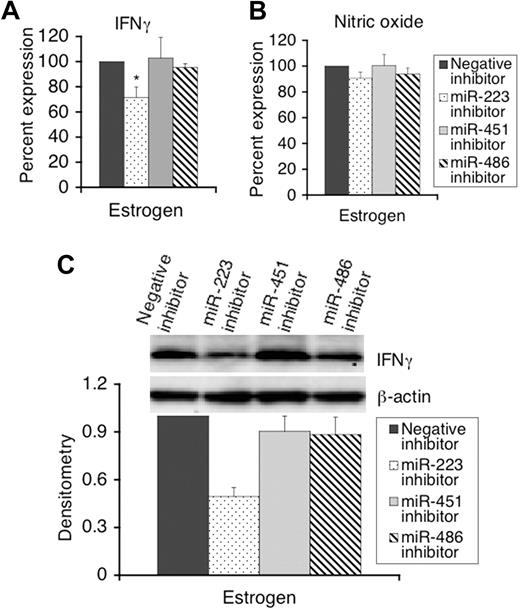Figure 6. miR-223, but not miR-451 and miR-486, regulate LPS-induced IFNγ in splenic lymphocytes from estrogen-treated mice. Freshly isolated splenic lymphocytes (1.5 × 107) from estrogen-treated mice were transfected with either a negative inhibitor (control), miR-223, miR-451, or miR-486 inhibitors. Twenty-four hours after transfection, cells were stimulated with LPS for 24 hours, and the supernatants and cell pellets were collected for analysis. (A,B) The level of IFNγ and nitric oxide in culture supernatants of LPS-stimulated cells were determined by ELISAs (A) and Griess assays (B), respectively. The level of IFNγ and nitric oxide in supernatants from specific inhibitor transfected cells were presented as the percentage level of negative control inhibitor transfected cells. The graphs show the means plus or minus SEM (n = 5 each). (C) Western blot analysis of the expression of IFNγ protein in miRNA inhibitor transfected cells. Representative Western images are shown from at least 3 independent experiments. Densitometry analysis of IFNγ signal was performed as described for Figure 2. The graph shows relative density with means plus or minus SEM (n = 4 each). *P < .05.