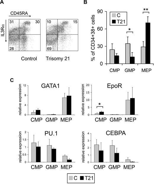 Figure 2. The megakaryocyte-erythroid progenitor (MEP) compartment is expanded in trisomy 21 fetal hematopoiesis. (A) Representative flow cytometric analysis of control (C) and trisomy 21 (T21) fetal liver MNCs. CD34+38+ cells were fractionated according to IL-3Rα and CD45RA expression to delineate different progenitor compartments: common myeloid progenitor (CMP, IL-3Rαlo/CD45RA−, top left panel), granulocyte macrophage progenitor (GMP, IL-3Rαlo/CD45RA+, top right panel), and megakaryocyte erythroid progenitor (MEP, IL-3Rα−/CD45RA−, bottom left panel). The numbers indicate percentages of each population within the CD34+CD38+ fraction. (B) Distribution of multipotential progenitors in T21 (n = 4) and C (n = 5) fetal liver MNCs. Data are plotted as percent of the CD34+CD38+ population. Bars represent the mean plus or minus SD. *P = .01, **P = .0003. (C) Relative expression of selected chromosome 21–encoded hematopoietic transcription factors in purified T21 (n = 3) and C (n = 4) fetal liver CMPs. Results shown are the mean plus or minus SD. *P = .03.