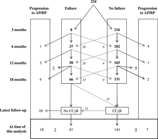 Figure 1. Classification of 224 patients according to criteria for failure at 3, 6, 12, and 18 months and their final outcome. Numbers underlined (3 and 9) reflect patients with a follow-up of less than 18 months. Numbers in italics represent patients who changed categories.