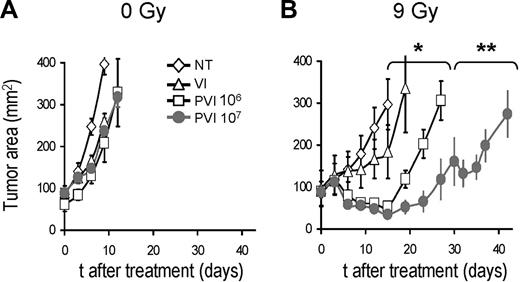 Figure 2. Allogeneic tumor-specific lymphocytes can mediate tumor regression after intensive lymphodepleting preparatory regimen. C57BL/6 mice bearing B16 tumors were left untreated (A) or irradiated with 9 Gy TBI (B). Mice were left untreated as a control (NT) or injected on day 0 with vaccinia virus encoding hgp100 and exogenous IL-2 (VI) or injected with 106 or 107 (as indicated) allogeneic pmel-1b/d cells, vaccine, and IL-2 (PVI). *P < .001. **P < .05. All groups received syngeneic BMT with 106 unsorted bone marrow cells the day after the transfer of the effector cells (day 1). Results of tumor area are the mean of measurements of at least 5 mice per group (± SEM). Data are representative of 4 independent experiments.