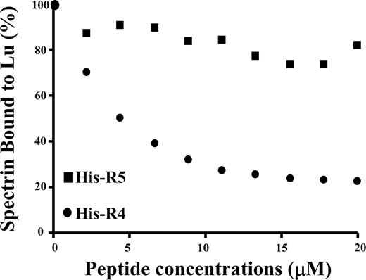Figure 2. Inhibition of Lu-spectrin interaction by αR4. GST-tagged cytoplasmic domain of Lu was preincubated with increasing concentrations of His-tagged αR4 or His-tagged αR5 at room temperature for 30 minutes. Then the mixtures were added to the 96-well plate coated with spectrin. The binding of GST-tagged cytoplasmic domain of Lu was detected by anti-GST antibody. Note the progressive decrease of Lu binding to spectrin with the increasing concentrations of αR4 but not with αR5.
