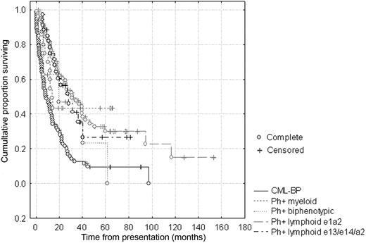 Figure 1. Outcome of de novo Ph+ acute leukemias versus CML-BP. Kaplan-Meier analysis shows no difference in overall survival comparing e1a2-expressing and e13/e14a2-expressing lymphoid or biphenotypic acute leukemias, but slightly superior survival compared with CML blast phase (CML-BP) assessed from the time of transformation. For the e1a2-expressing leukemias, median overall survival (OS) was 20.3 months (range, 0.5-170.5 months), and median follow-up was 18.2 months (range, 0.5-170.5 months). For e13/e14a2 lymphoid leukemias, OS was 19.3 months (range, 7.1-61.9 months) and median follow-up was 17.3 months (range, 6.0-81.2 months).