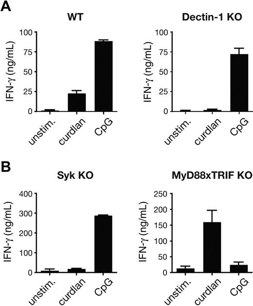 Figure 2. Curdlan-induced CTL priming by DC is dependent on the dectin-1 pathway. (A) Cocultures of OT-I T cells and either C57BL/6 (WT) or dectin-1–deficient BMDCs in the presence of 25 pM SIINFEKL peptide and no stimulus, curdlan, or CpG. Cultures were restimulated on day 3 with SIINFEKL-pulsed target T cells and IFN-γ levels in the supernatant were determined by ELISA. (B) As in panel A, but using Syk-deficient or MyD88 × TRIF doubly deficient BMDCs and 30 pM SIINFEKL peptide. Data in panels A and B are mean plus SD of duplicate wells.