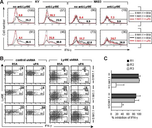 Figure 3. Coated uPA inhibits IFN-γ production by NK-cell lines in an Ly49E-dependent manner. (A) IFN-γ staining of KY and NK03 cells incubated in coated wells, in the presence or absence of anti-Ly49E (4D12) F(ab′)2 fragments as indicated. Wells were coated with no (dotted lines) or anti-NK1.1 mAb (solid lines) at 1 and 5 μg/mL as indicated, together with uPA (red lines) or BSA (black lines) at 200 ng/well. In each histogram, the percentage IFN-γ expression, corrected for its background at 0 μg/mL anti-NK1.1, is indicated above (uPA) or below (BSA) the marker line. The percentage inhibition of IFN-γ by uPA compared with BSA is given in parentheses in the top right corner. Representative data from 1 of 3 experiments are shown. (B) KY cells were transduced with a control or Ly49E shRNA construct, both containing the EGFP marker gene. Cells were seeded into wells coated with no or anti-NK1.1 mAb at 1 and 5 μg/mL, together with uPA or BSA at 200 ng/well, as indicated. Thereafter, cells were costained for IFN-γ and Ly49E. The gated EGFP+Ly49E+ populations are indicated by R1 or R2, the gated EGFP+Ly49E− cells by R3. In each dot plot, the percentage IFN-γ expression in the gated regions is given in the top right corner. Representative data from 1 of 4 experiments are shown. (C) The percentage uPA-mediated inhibition of IFN-γ production by the populations and in the conditions as indicated in panel B. The mean plus or minus SD of 4 experiments is shown.